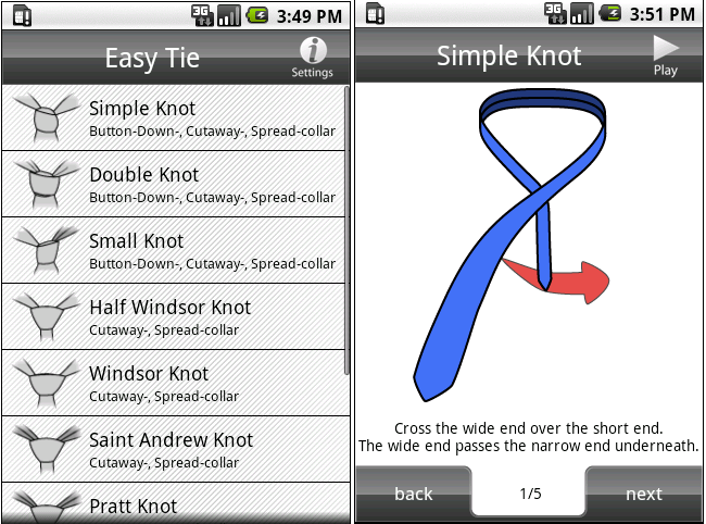 Easy Tie App for Android devices shows you step-by-step. how to knot a tie, 